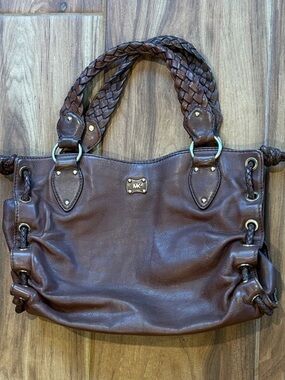 Michael Kors Woodside Satchel Leather Tote Bag Large Brown Gold Hardware